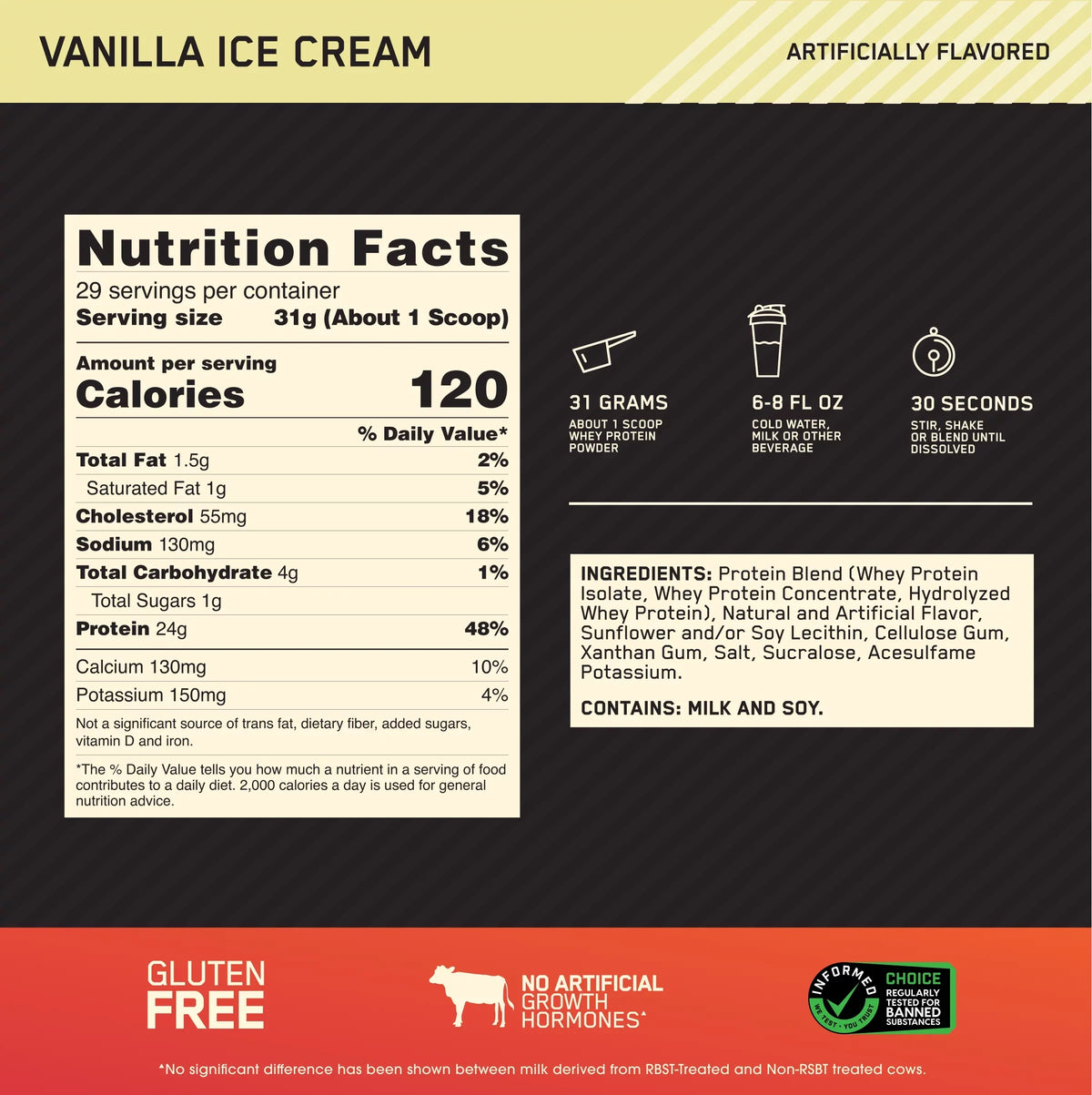 Protein Nutrition, Cream, 2 Vanilla lb, Optimum Powder, Ice 29 Standard Whey 100% Gold Servings