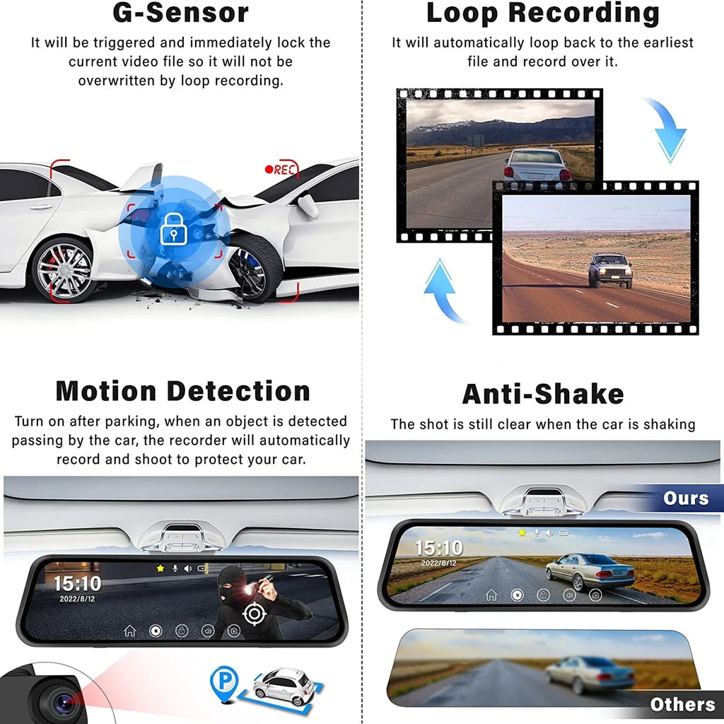 Mirror Vision, Cam WDR Camera, Parking Waterproof FHD Erago Full Moniter Backup Night Screen G-Sensor, , and for Touch Front Rear Rear Camera, 1080p View Dash Car