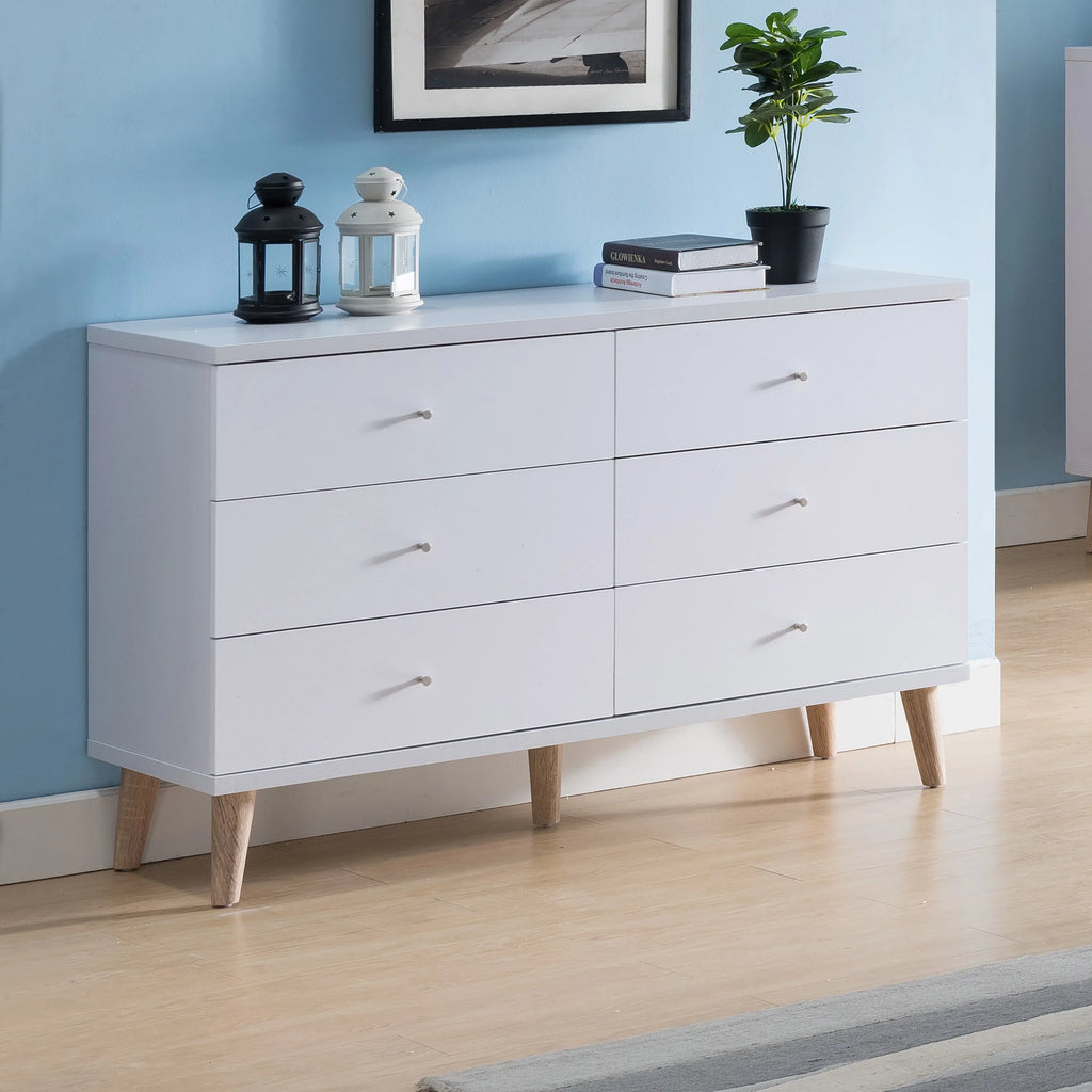Knobs Dresser 6-Drawer Wide 47-inch DH by Modern with Denhour BASIC White Mid-Century