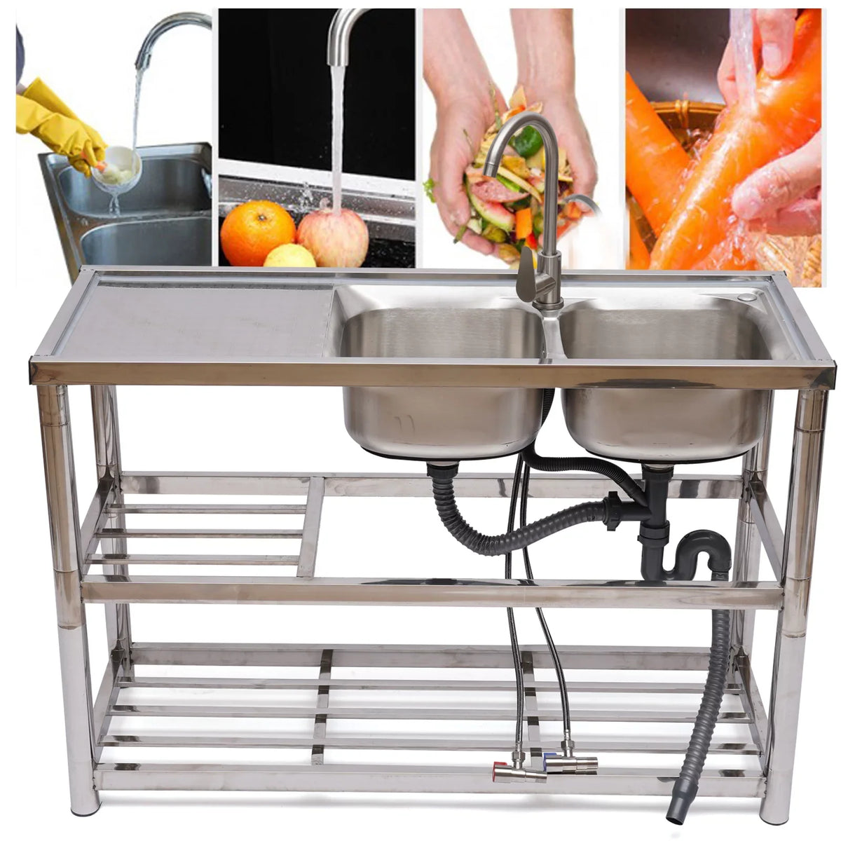 Utility Prep Faucet+2 Compartment Sink Commercial Sink Drainboard Stainless Table+360° Catering 2 Steel Kitchen Loyalheartdy Basin