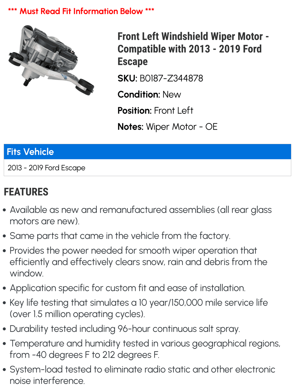 2014 Left Motor Front 2019 - Escape 2015 2018 Wiper - 2016 with 2017 Ford Windshield Compatible 2013