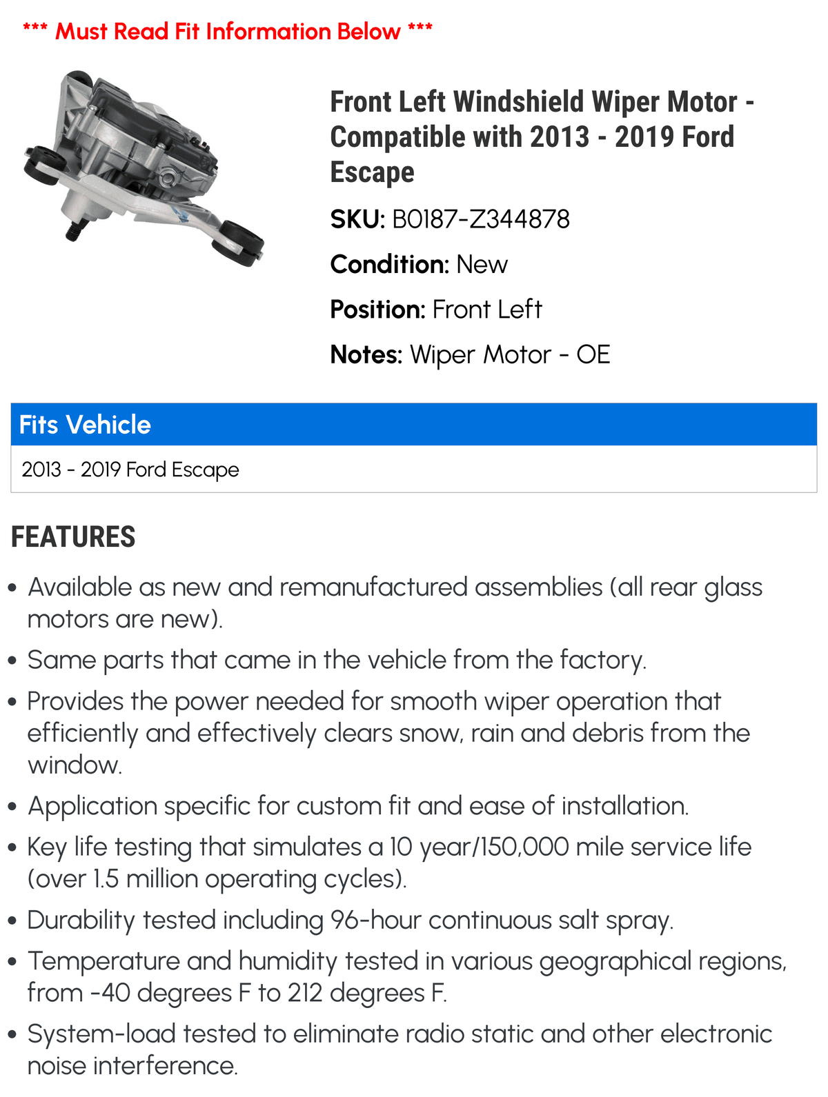 2014 Left Motor Front 2019 - Escape 2015 2018 Wiper - 2016 with 2017 Ford Windshield Compatible 2013