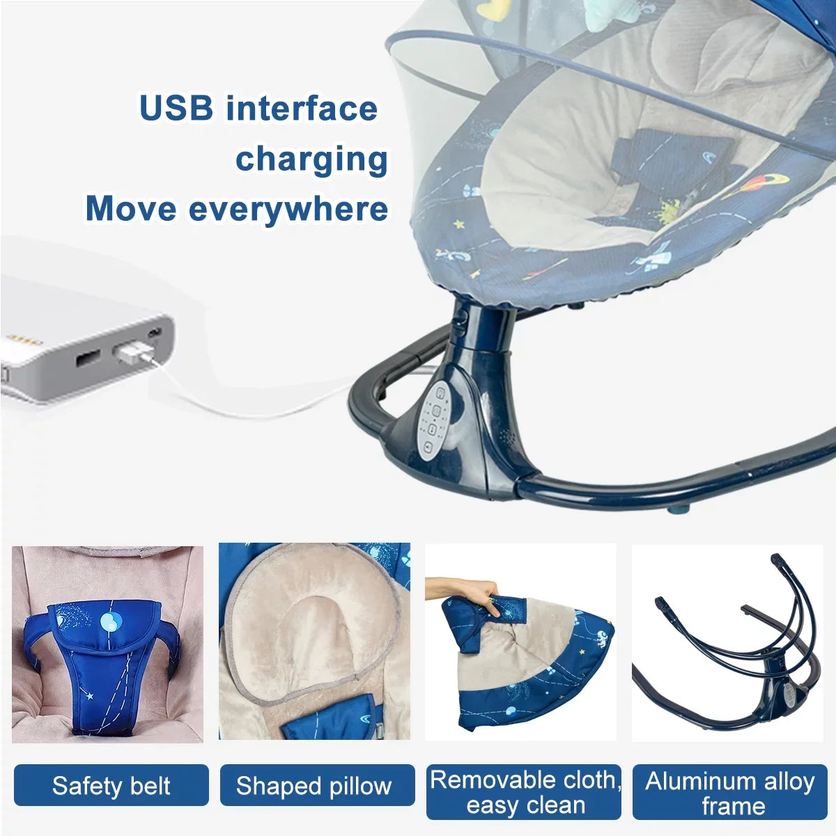 Infant Music and - Swing Outdoor, Seat Swings Portable Control 3 Baby Bluetooth for Indoor with Positions, Speaker Remote Blue 4 Speeds Baby and for Swing Infants, with