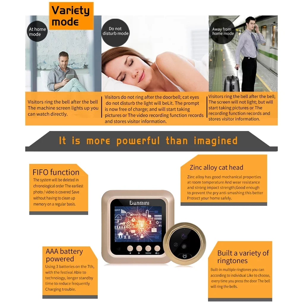 Bell Security inch Video Disturb Vision 2.0MP Wide 2.4" W5 Drilling Camera No Eye Angle Cam Viewer Peephole Night Door Door Need Doorbell