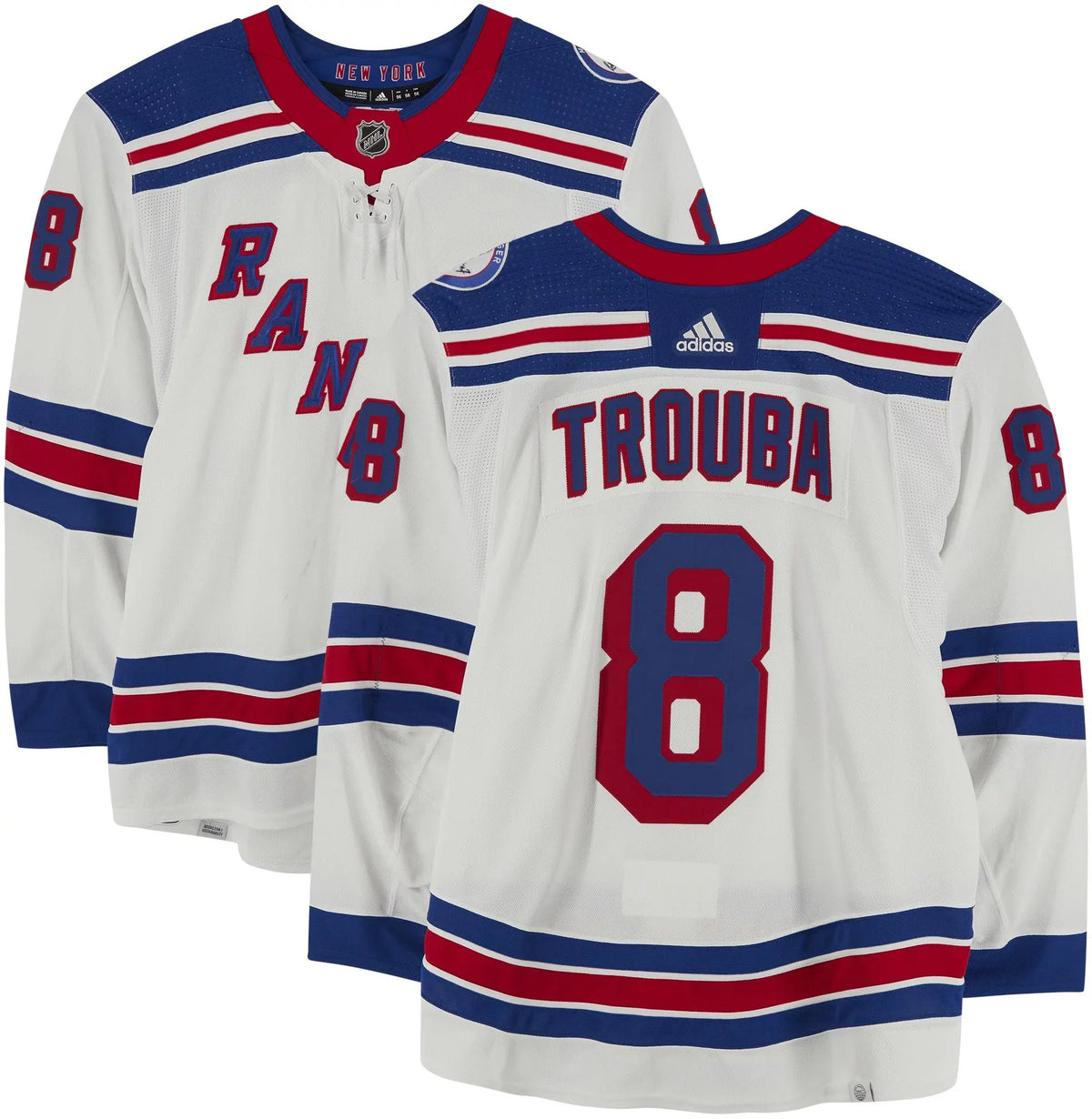 Carolina 20, the Stanley Hurricanes Playoffs Jacob 56 the York vs. on White 26 New 30, of 2022 Second During - Fanatics Round 2022 and Cup 18, Trouba Rangers #8 Jersey - Worn Game-Used May Size
