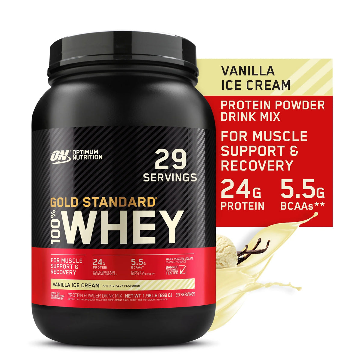 Protein Nutrition, Cream, 2 Vanilla lb, Optimum Powder, Ice 29 Standard Whey 100% Gold Servings