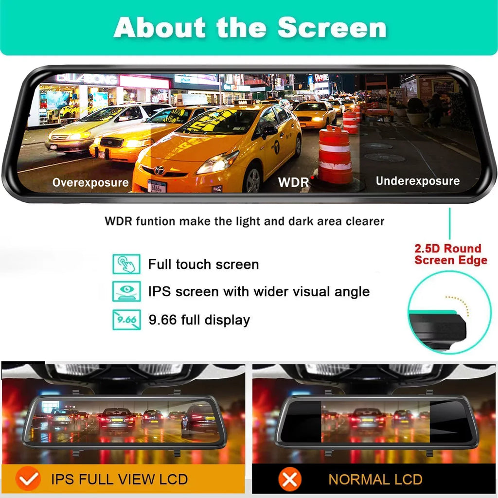Mirror Vision, Cam WDR Camera, Parking Waterproof FHD Erago Full Moniter Backup Night Screen G-Sensor, , and for Touch Front Rear Rear Camera, 1080p View Dash Car
