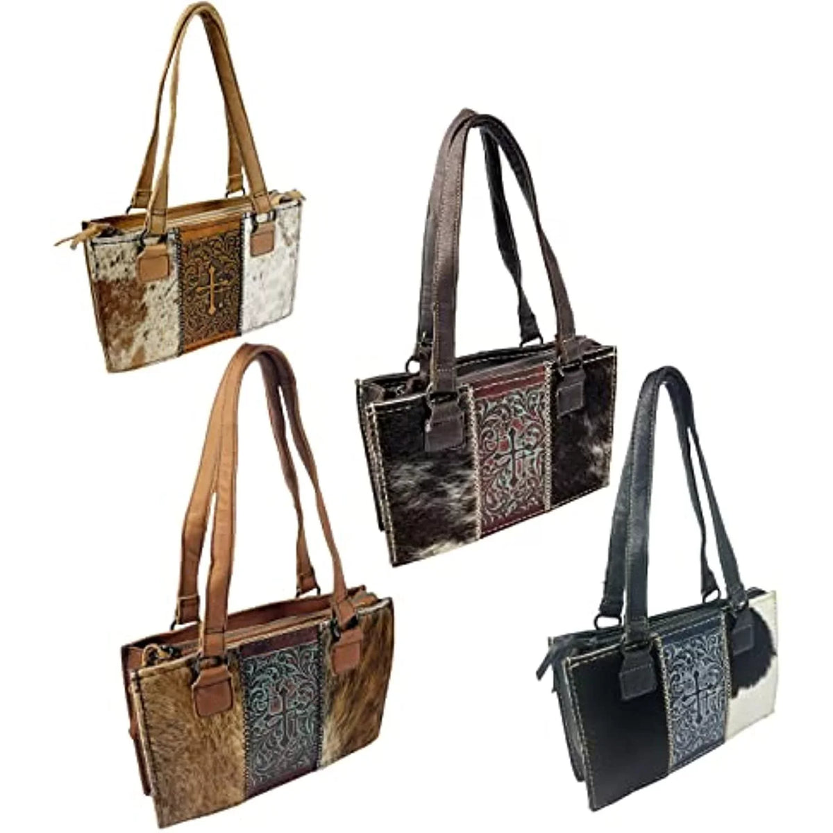 Brown) Dark Purse Urbalabs Genuine for Leather Women Brown Shoulder Over with the Western Stitched Tote Purses In Hand Zipper Crosses Bag Handbag Tooled (Dark Western CowHair