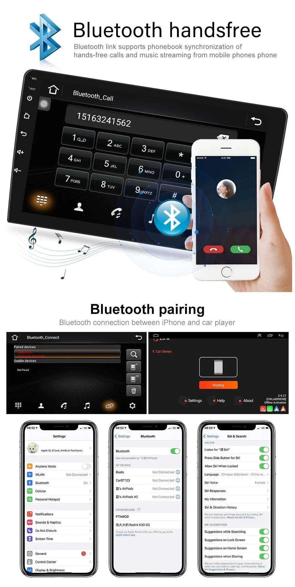 AHD 2+32GB USB FM/RDS Radio Auto GPS Stereo Screen WiFi Android Backup Navigation Receiver Carplay IPS Car Din Android 9" Wireless Double 1280*720 Camera Bluetooth