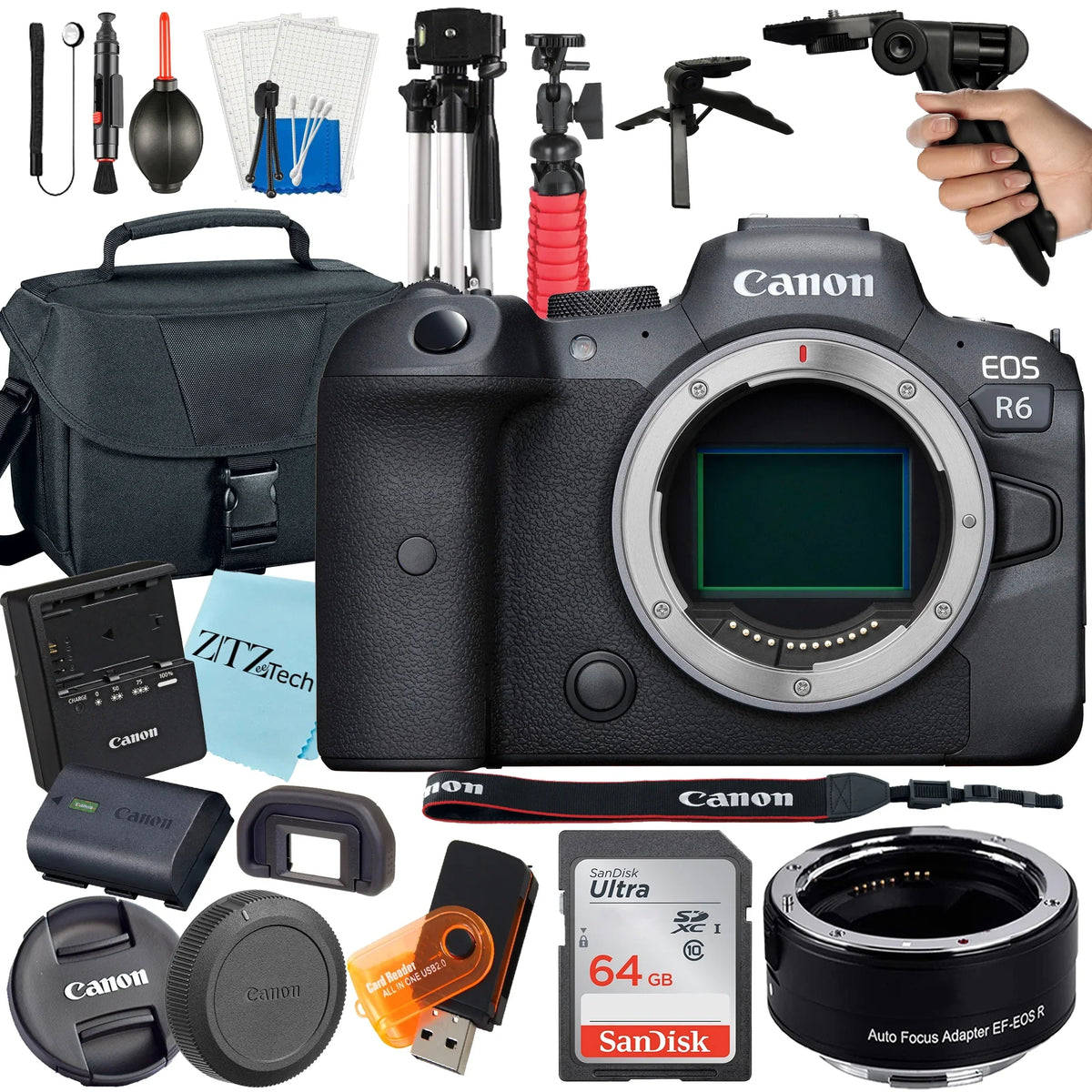 (Body with R6 Canon Case Adapter Digital Accessory Mirrorless 64GB Camera EF + SanDisk ZeeTech Only) + Mount EOS +