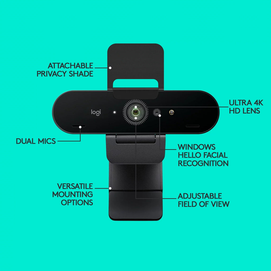 Logitech Noise-Canceling Webcam with and Pro 4K HDR Black Mics,