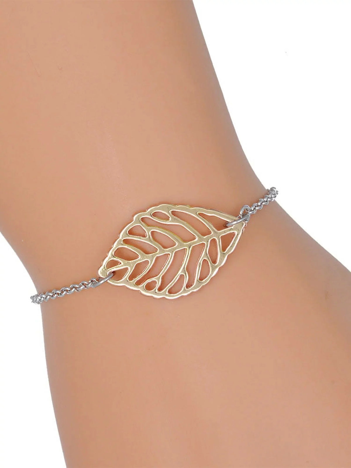 Bracelet, Goldtone Jewelry Leaves - Four Delight 6.25+1.75" Green Mini Silvertone Clover with Heart Leaf Leaf Delicate