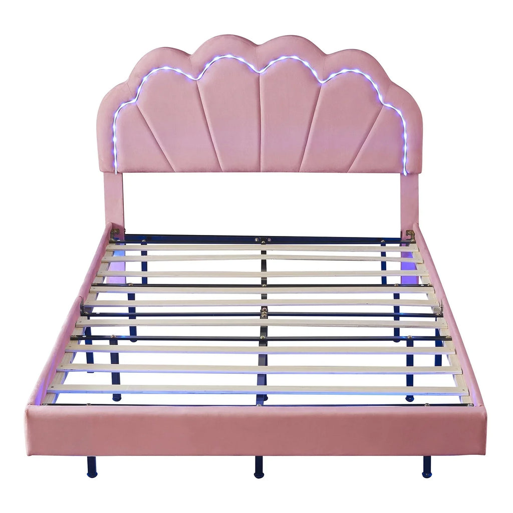Platform Wooden with Beige Full LED Slats Bed Smart Size Support