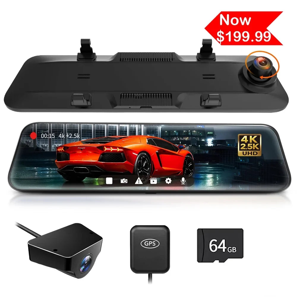 Car Mirror Camera, for View 12" Dash 2.5K Rearview Night 64GB Free Dash GPS Front Cam, Rear and Camera & Cam 4K WDR, Mirror WOLFBOX Dash Card Rear Vision, with