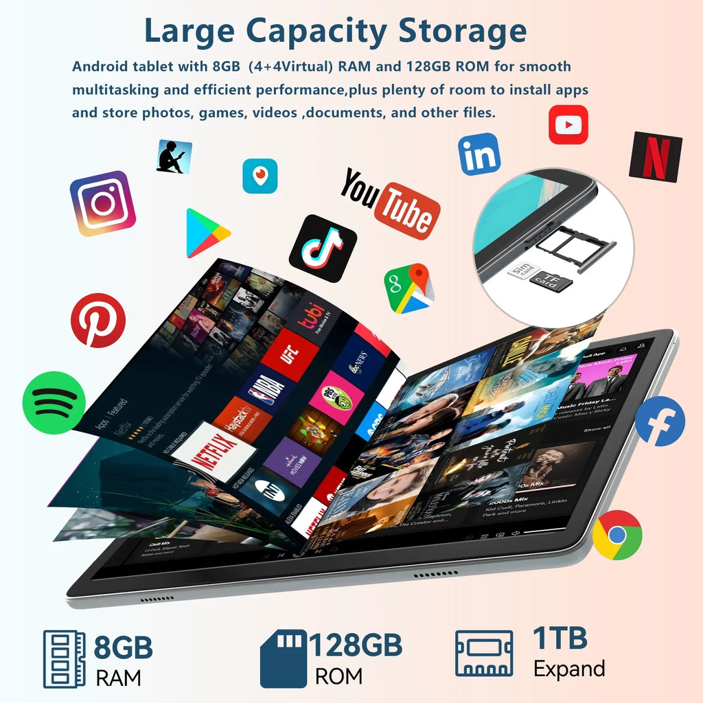 Keyboard Expandable,Octa-Core Tablet Tablet Stylus,5G Android 128GB Processor,2024 inch Wireless Newest ROM 10.1 RAM Storage,Android Case 12.0 Tablet,8GB Tablet,1TB with Mouse Tablet WiFi