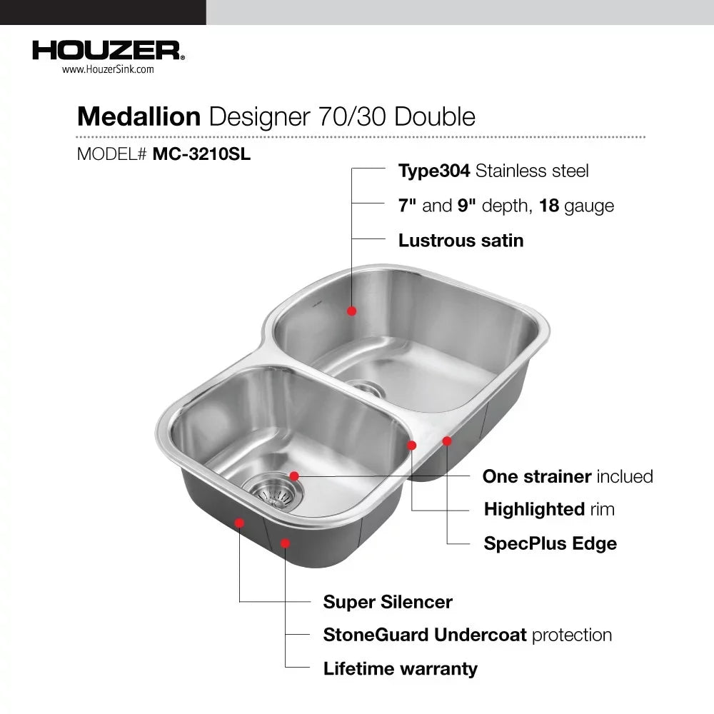 32-1/2" 14-15/16" 32-1/2" Bowl 18-1/2" MC-3210SL-1 Undermount x Houzer Stainless Double Sink x 20-11/16" Steel Kitchen 70/30 x