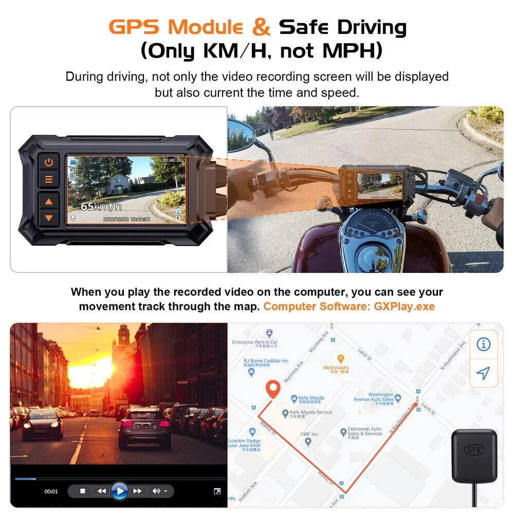 Front Dash Motorcycle WIFI A12 3" 1080P Vision Rear Night Waterproof Camera GPS