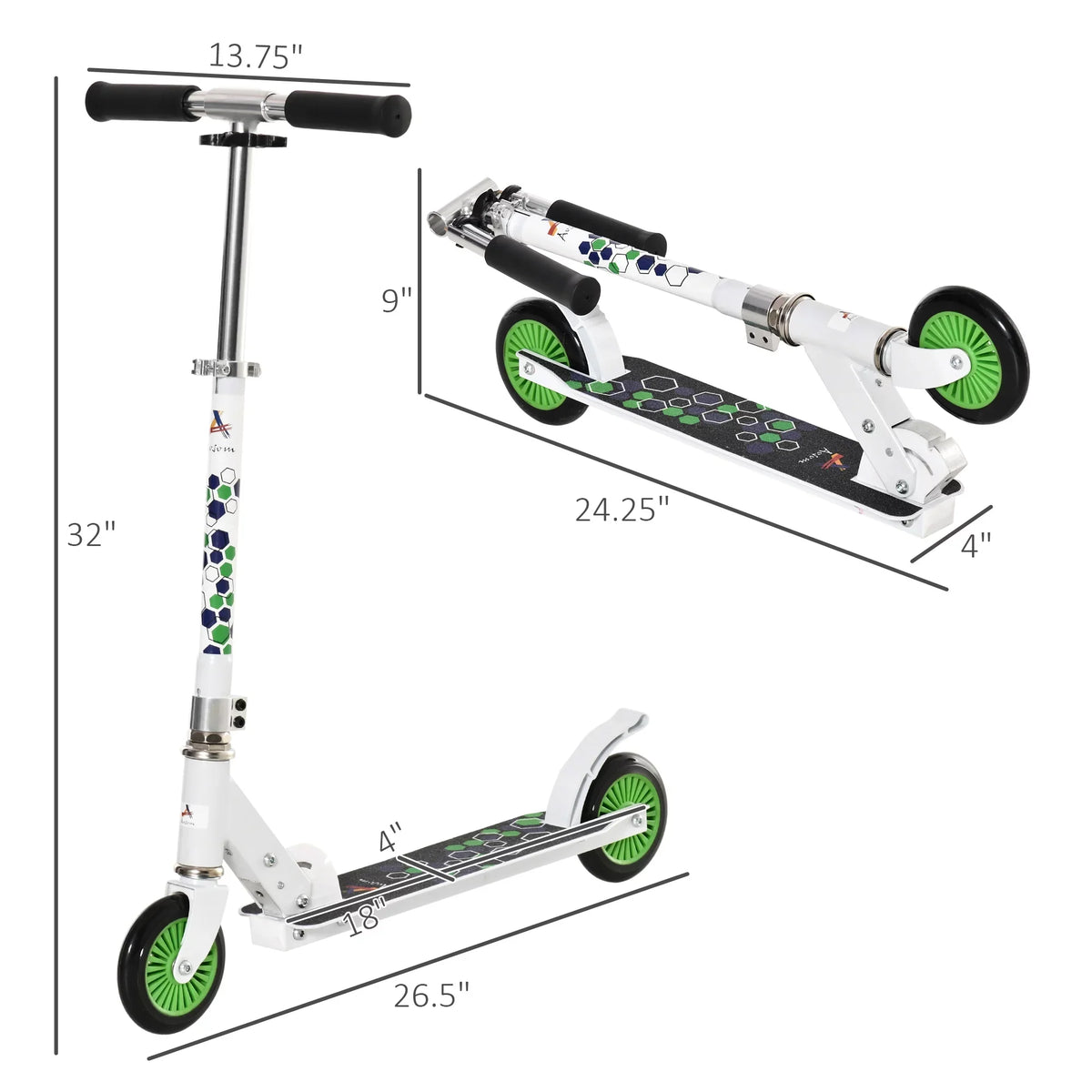 with Durable Push Adjustable Aosom Handlebar, Kids System, One-click Kickstand, Rider Kick and & Wheels Dual Folding Scooter for w/ Girls, Bearings, Sturdy Boys Brake White