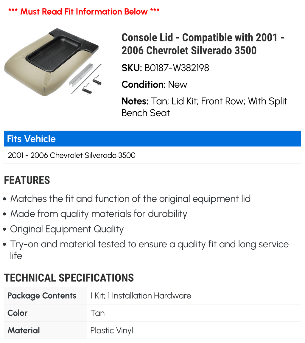 '- Lid 2005 2004 2001 2003 3500 Compatible Chevy Silverado 2002 with - 2006 Console