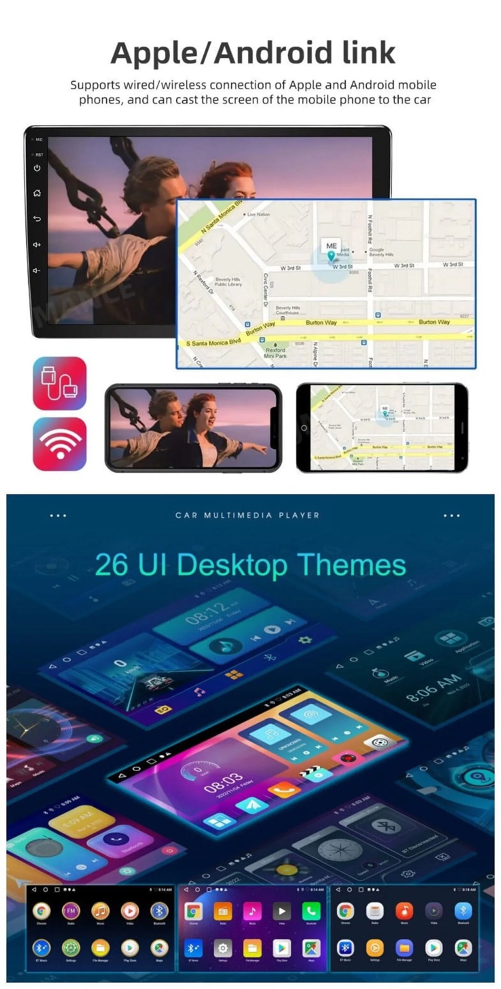 AHD 2+32GB USB FM/RDS Radio Auto GPS Stereo Screen WiFi Android Backup Navigation Receiver Carplay IPS Car Din Android 9" Wireless Double 1280*720 Camera Bluetooth