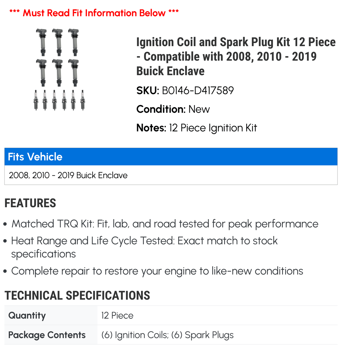 2011 2018 12 2008, Piece Enclave Buick with 2016 2019 Kit Plug 2012 Spark - Coil 2017 2014 2010 and 2013 Ignition - Compatible 2015
