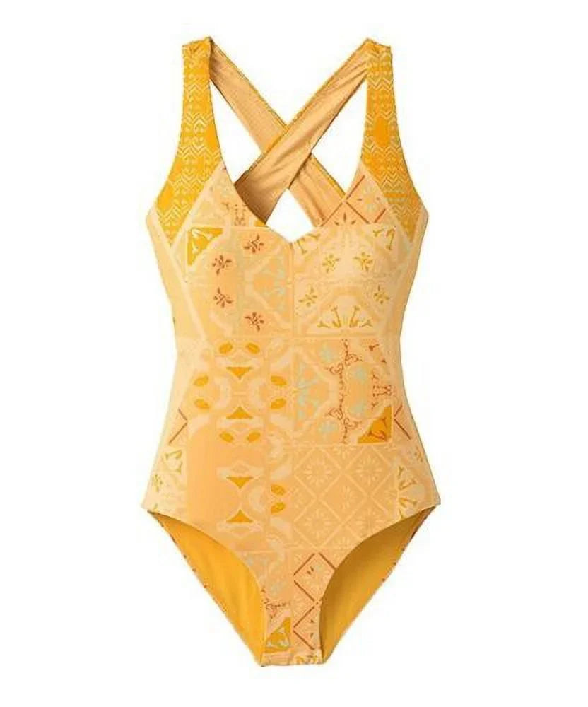 V-Neck (S) prAna Small Triangle High Size Ella Back Cross One Piece Amber Lisbon