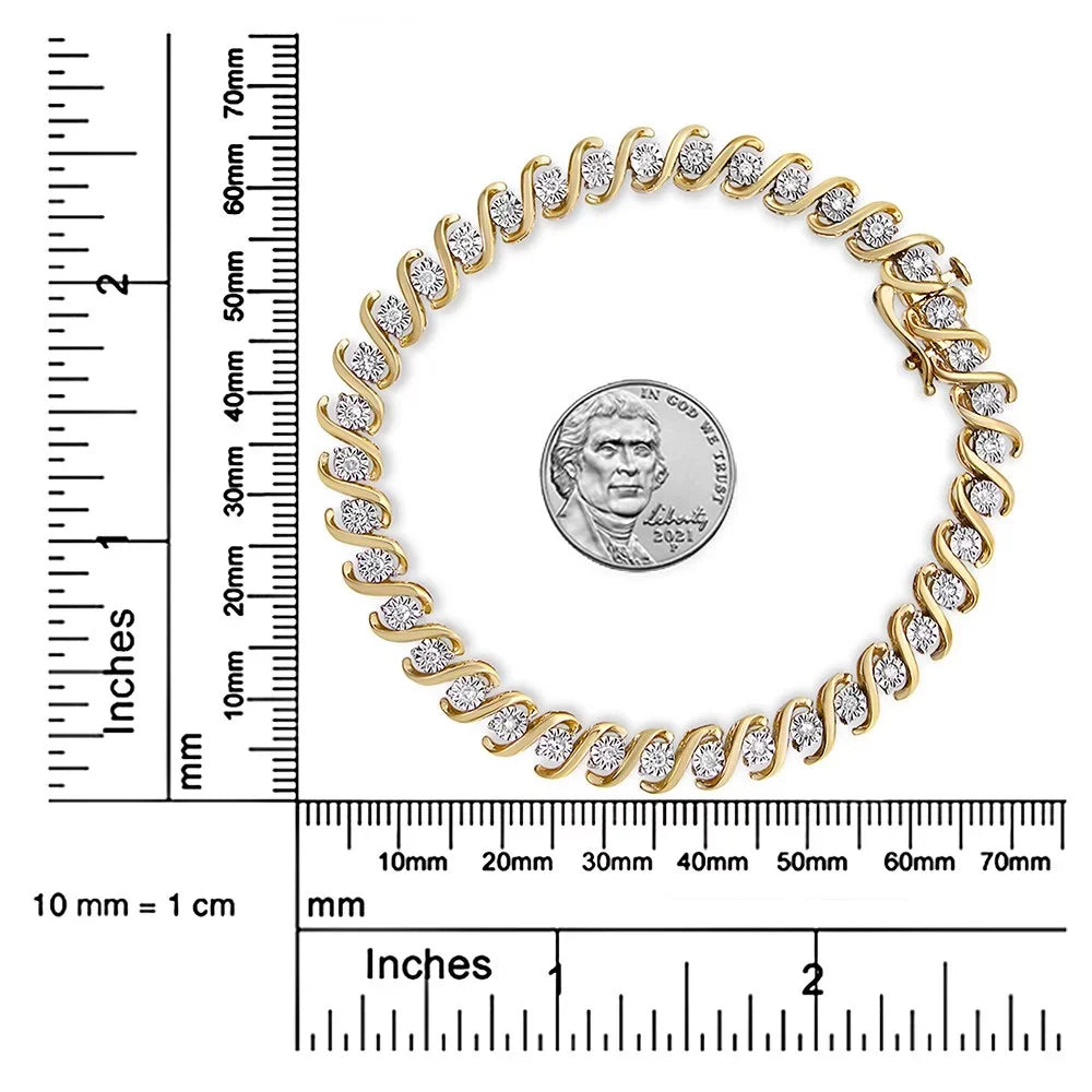 Diamond 14K Tennis (I-J Clarity) .925 Round Plated Bracelet S-Curve - Yellow Color, Gold Cttw Miracle-Set Sterling I3 Silver 1/2 7"