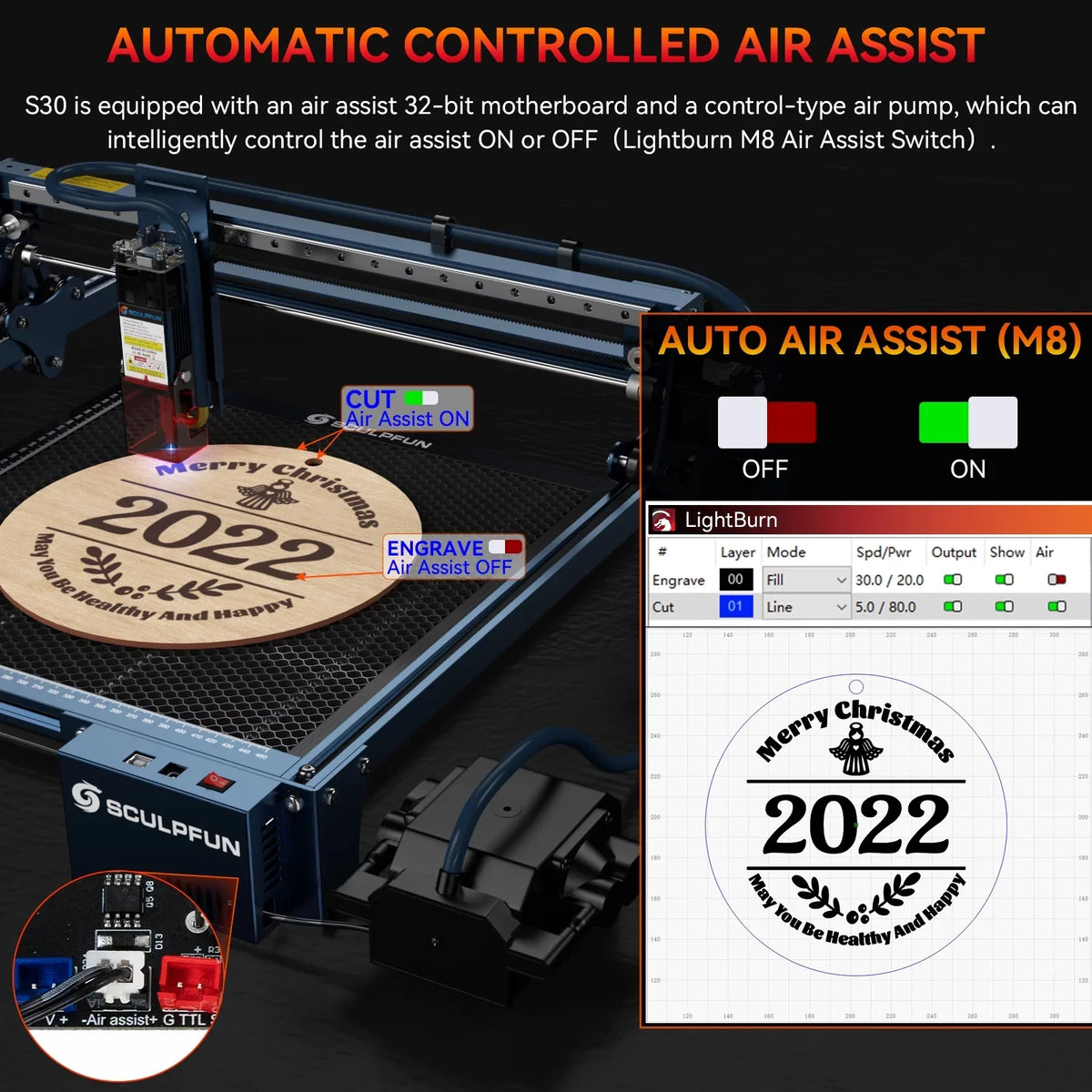 Air With With Air 5w Machine,Pump With Area Nozzle Limit 410x400mm Pump S30 Nozzle Air-assist Auto Wireless Lens With 5w Limit 5w Switchs Engraving Switchs Limit SCULPFUN-2 With Assist Switchs