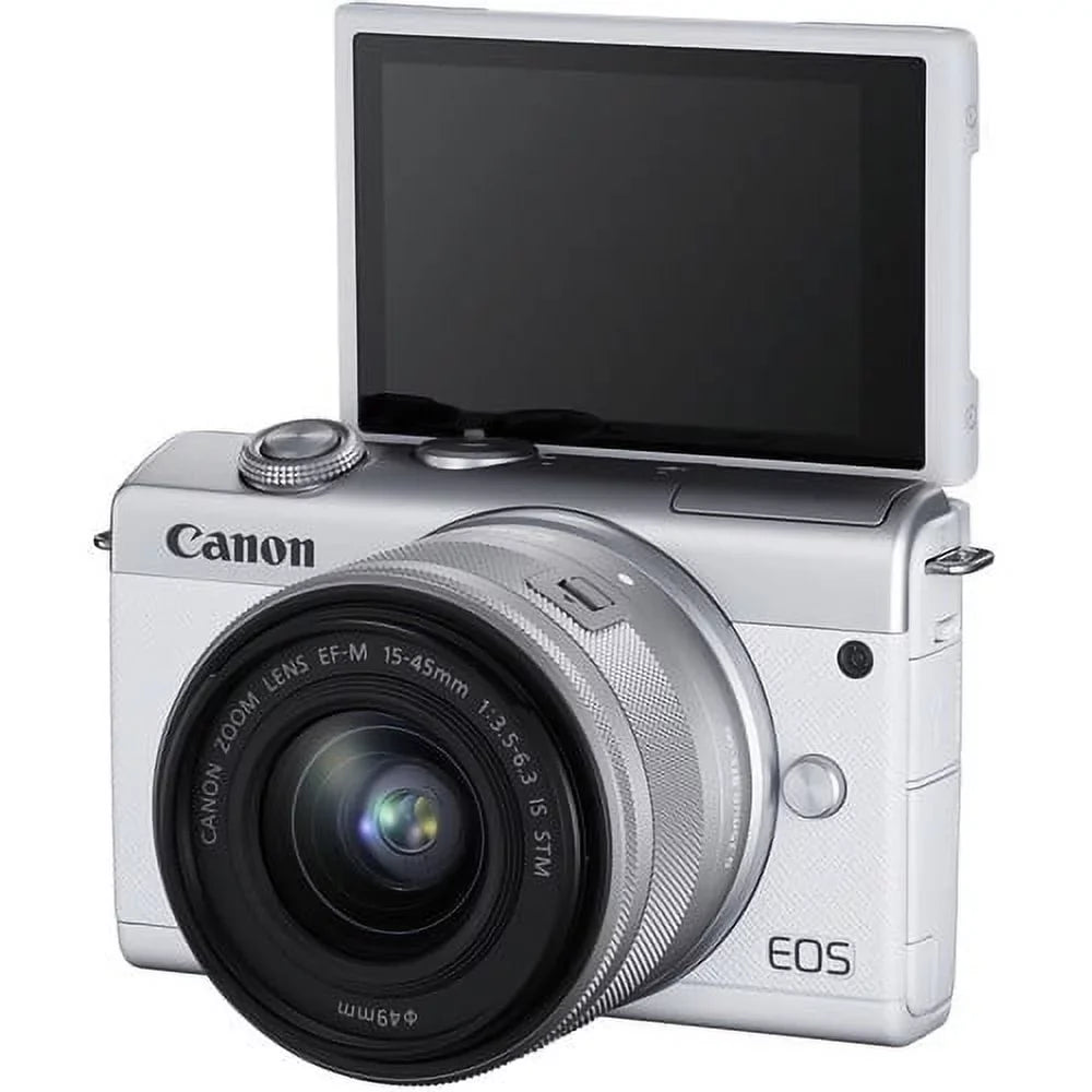 More Memory 64GB + Camera with EOS + Mirrorless Tripod + with 15-45mm (White) 2x Digital Canon Cards Battery Lens Kit Spare M200