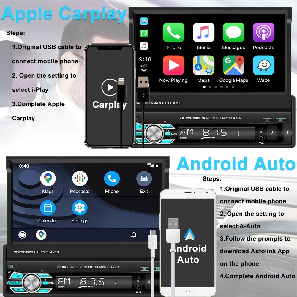 Single FM 7" Backup Carplay Touchscreen Bluetooth Player Radio HD DIN Car Apple Video Function, Retractable Podofo Universal 12 Auto Android Link 1 Camera LED Auto Mirror with Stereo