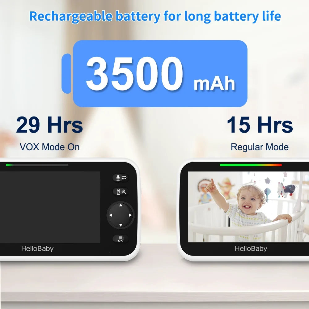 Lullaby, and 5 Baby Video 5" Screen, Mode Audio Two with Night VOX HelloBaby Camera, Camera LCD and Monitor Temperature Way Infrared Display, Vision, Audio, inches Monitor Color