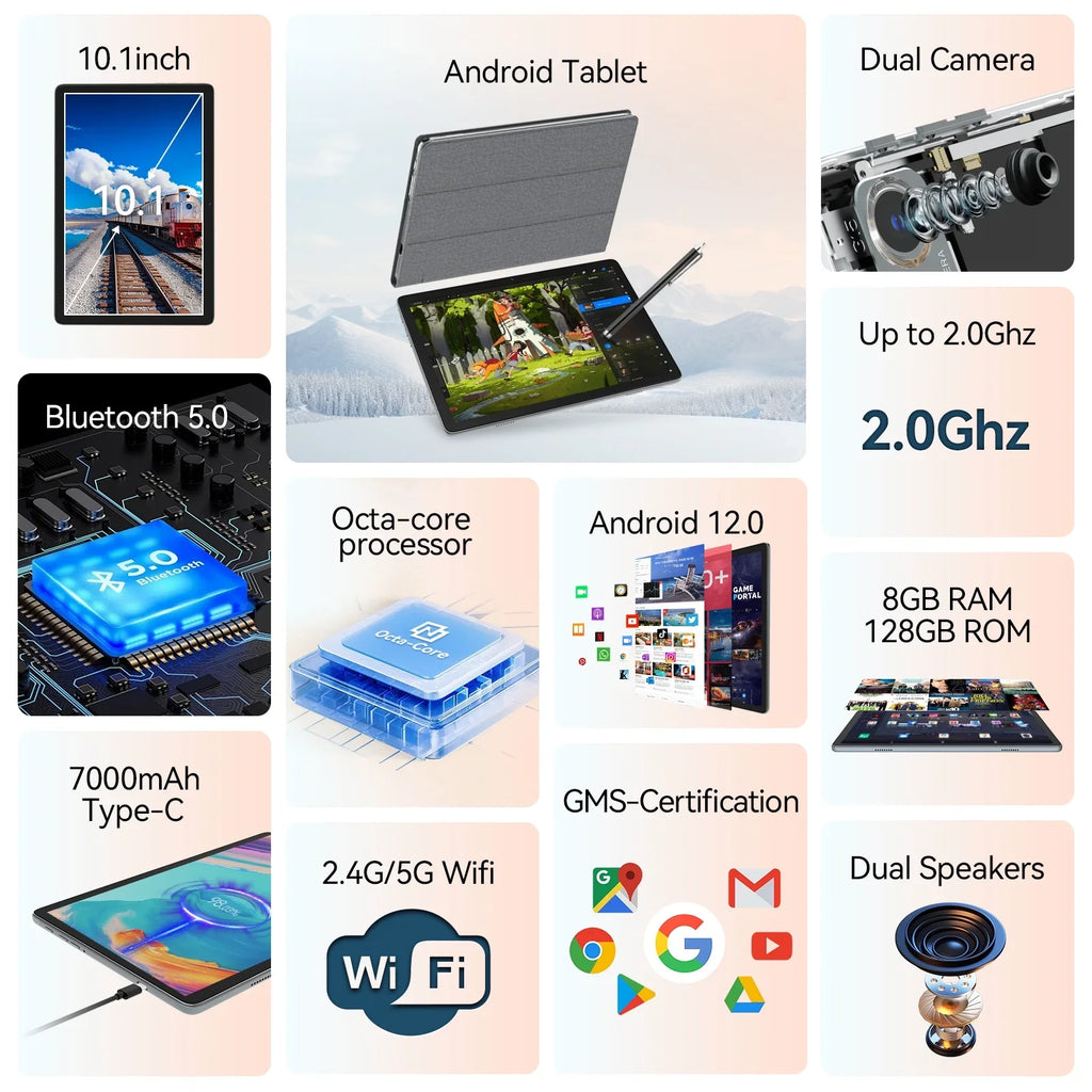 Keyboard Expandable,Octa-Core Tablet Tablet Stylus,5G Android 128GB Processor,2024 inch Wireless Newest ROM 10.1 RAM Storage,Android Case 12.0 Tablet,8GB Tablet,1TB with Mouse Tablet WiFi