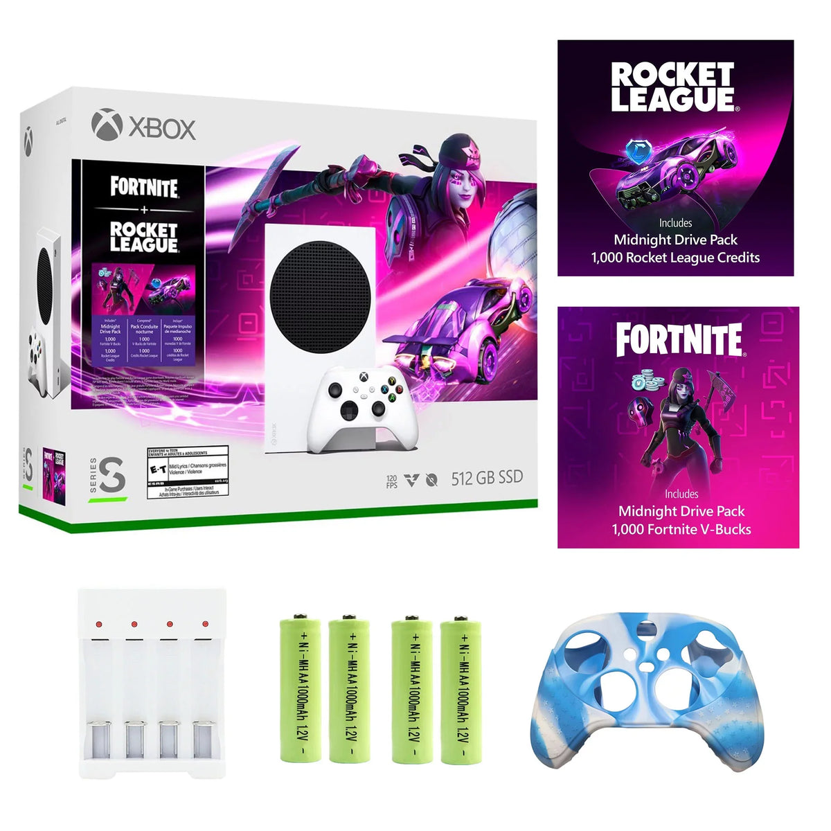 Controller Silicone GB – Rocket Xbox Microsoft 512 and Accessories Video Game Series with Bundled - Batteries White, Consoles, Set League Skin & (Disc-free Cover Bundle + S Gaming) Charger Fortnite