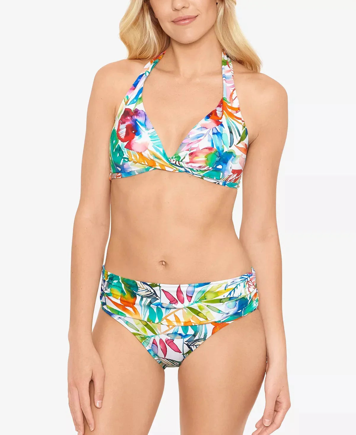Ralph Wide Lauren Women's Hipster Tropical Caribbean Blue Size Bottoms Shirred 4 Banded