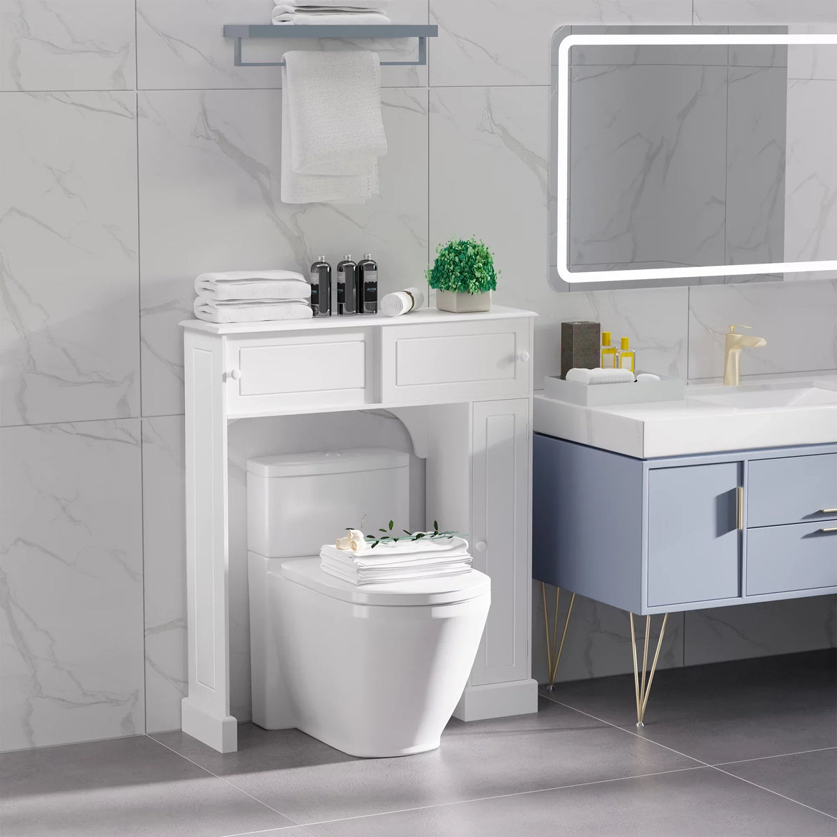 Shelves, Over Storage Toilet Toilet Rack, Organizer Freestanding White kleankin Adjustable Bathroom with the Cabinet, Bathroom