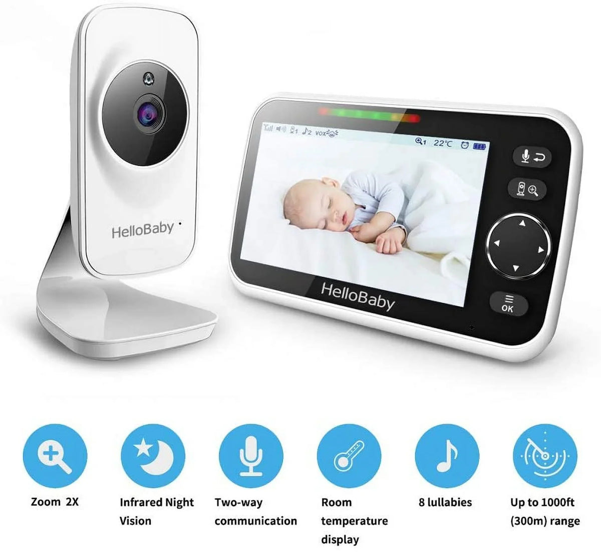Lullaby, and 5 Baby Video 5" Screen, Mode Audio Two with Night VOX HelloBaby Camera, Camera LCD and Monitor Temperature Way Infrared Display, Vision, Audio, inches Monitor Color
