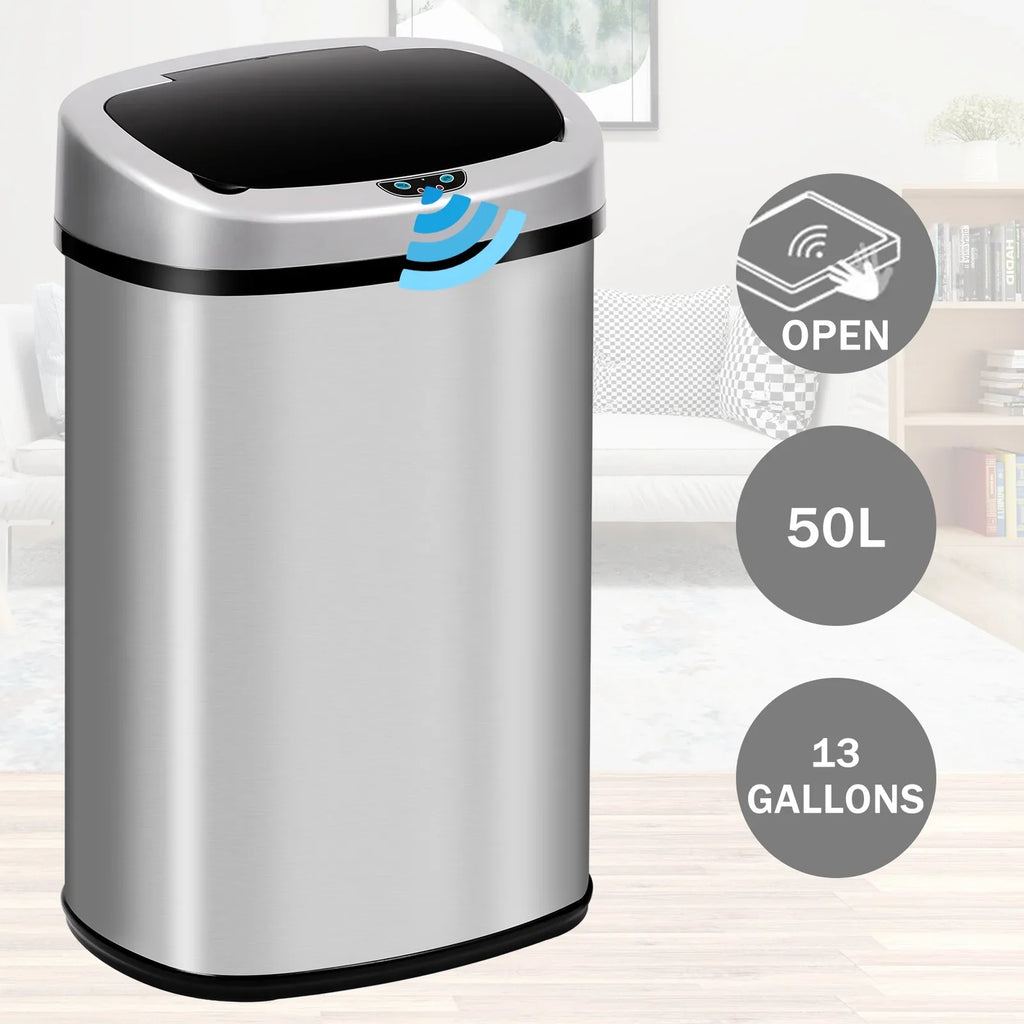 13 Gallon Sensor, & Bin Silver Mute with Lid, Office Motion Garbage Anti-Fingerprint Trash for Stainless Designed NiamVelo Waste Kitchen Can Steel Home, Can with Automatic Touch-Free