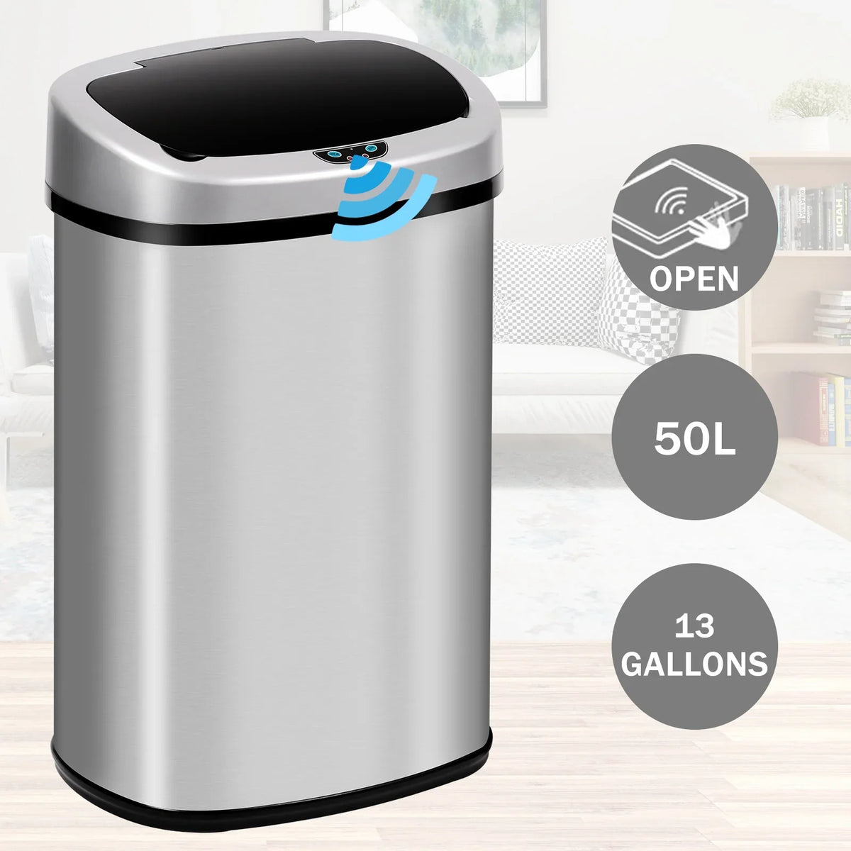 13 Gallon Sensor, & Bin Silver Mute with Lid, Office Motion Garbage Anti-Fingerprint Trash for Stainless Designed NiamVelo Waste Kitchen Can Steel Home, Can with Automatic Touch-Free