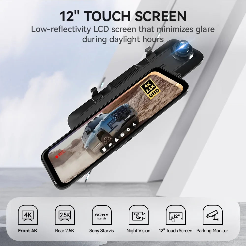 Car Mirror Camera, for View 12" Dash 2.5K Rearview Night 64GB Free Dash GPS Front Cam, Rear and Camera & Cam 4K WDR, Mirror WOLFBOX Dash Card Rear Vision, with