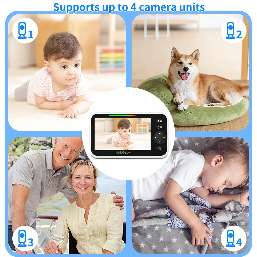 Lullaby, and 5 Baby Video 5" Screen, Mode Audio Two with Night VOX HelloBaby Camera, Camera LCD and Monitor Temperature Way Infrared Display, Vision, Audio, inches Monitor Color