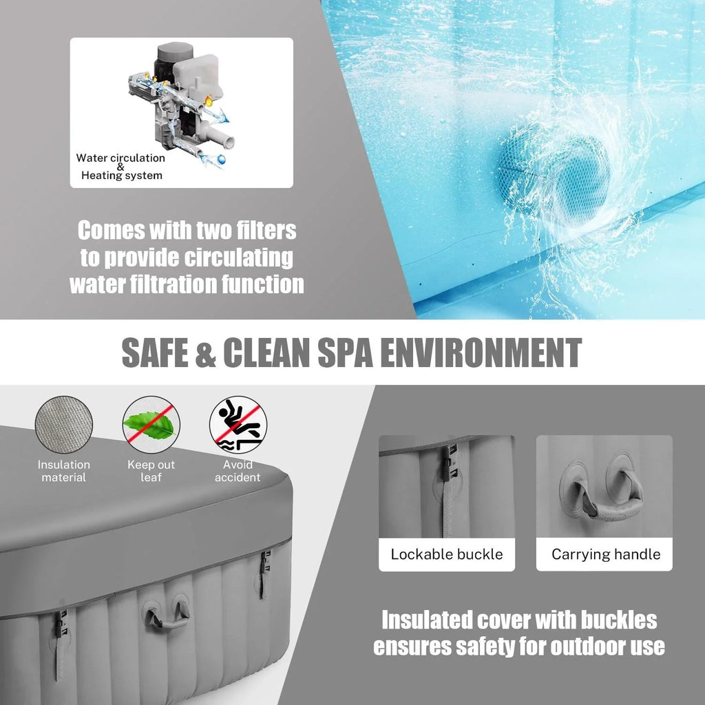 Hot Capacity Home Hidden 73''Inflatable Lockable with Storage Hot Spa 910L Jets, Person 130 Outdoor for Tub, 104℉, Max Indoor Mat, Tub Massage 6 Bag, Cover, Machine,