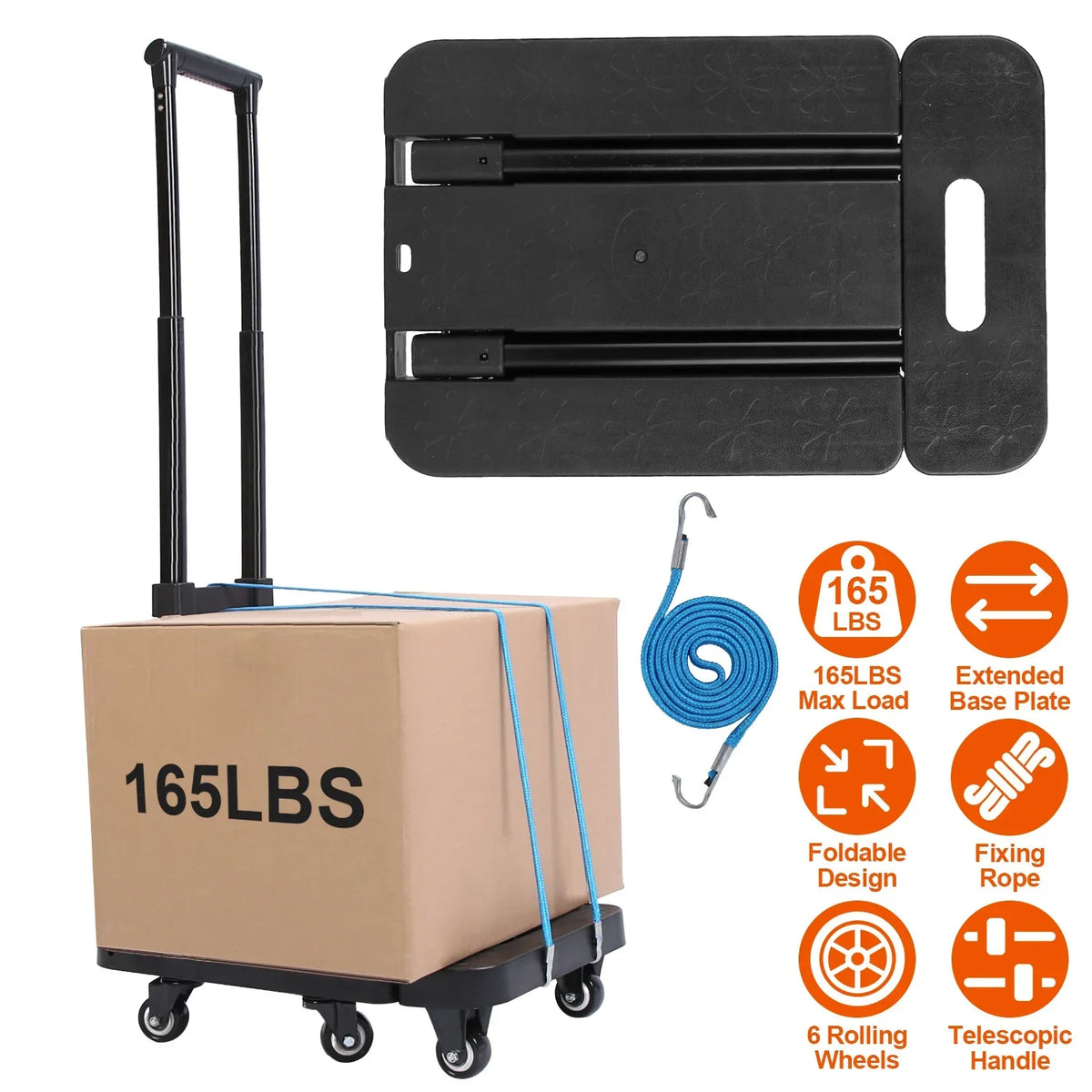 Dolly Cart Platform 165LBS Duty Folding Utility Luggage Cart Hand Heavy Handle 1 Black Truck Ropes iMounTEK Elastic Retractable with Luggage for