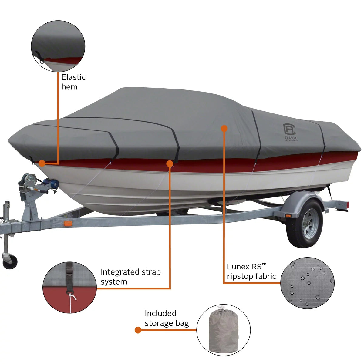 RS-1™ All-Weather Ripstop 16' 98" Lunex Trailerable Fabric, C L Cover Fits Boat Cover, Model Boats W, - 18.5' x with Boat Classic Accessories