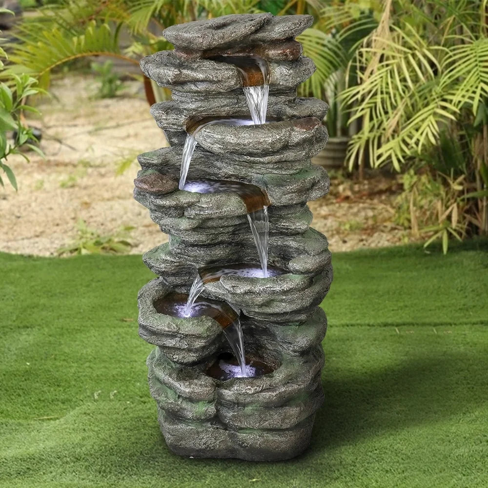 Water Fountain Patio Decor Outdoor 40''H Natural Meedzom Floor for Lighted Garden Polyresin LED Fountain