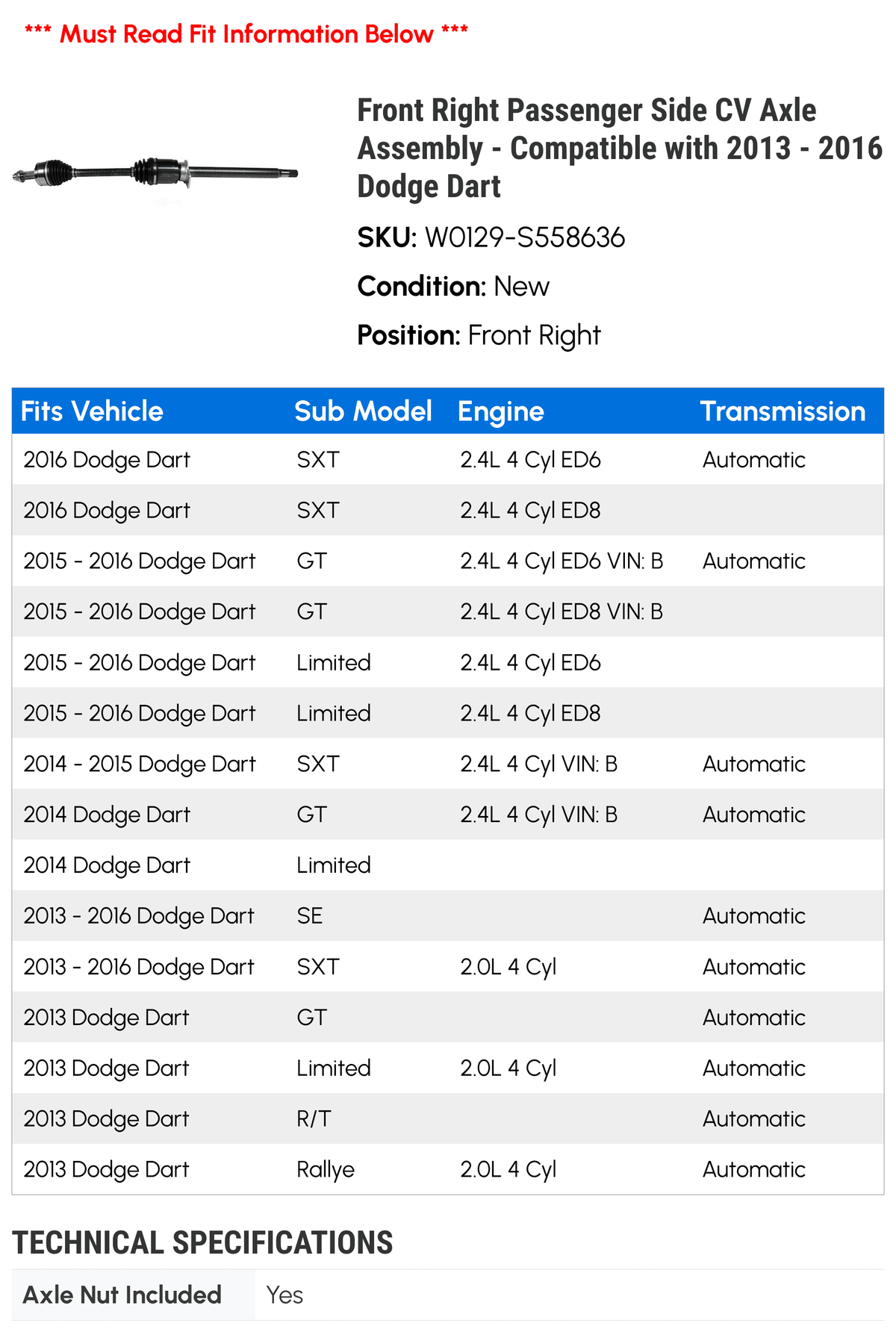 Dodge Assembly 2014 with Axle Passenger Compatible - - 2015 Side Dart Right Front 2013 CV 2016