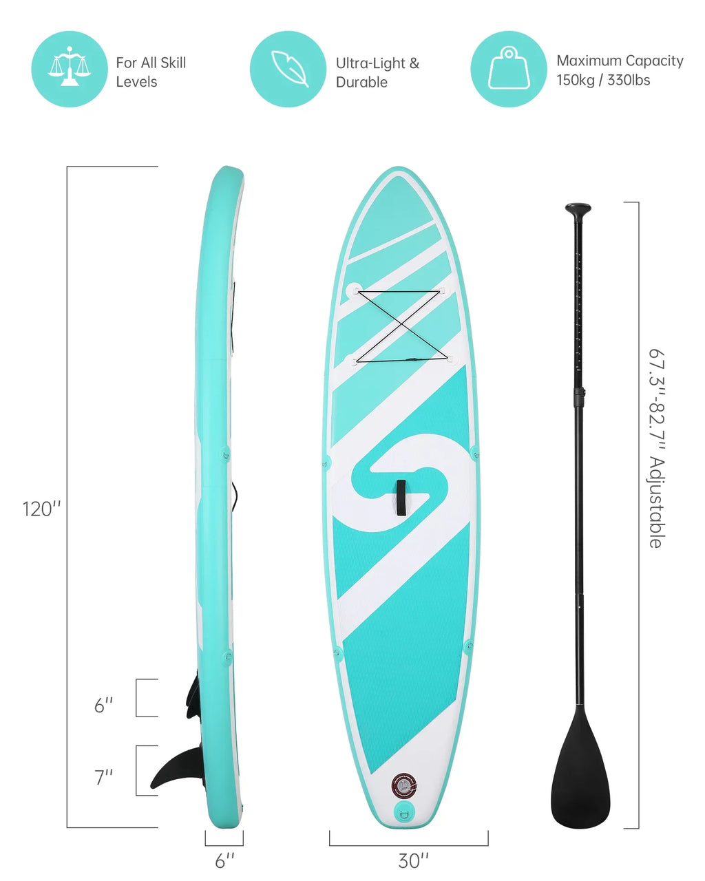 Summer Board 120"x30"x6" SUP Board Stand Paddle & Youth Up Adults Paddle Inflatable for Board with