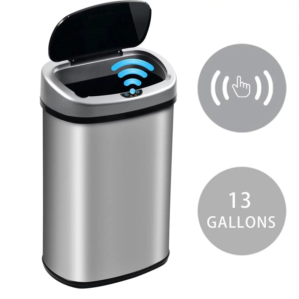 13 Gallon Sensor, & Bin Silver Mute with Lid, Office Motion Garbage Anti-Fingerprint Trash for Stainless Designed NiamVelo Waste Kitchen Can Steel Home, Can with Automatic Touch-Free