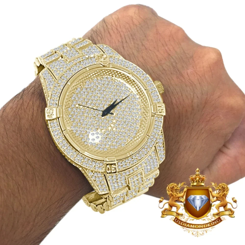 Gold Finish Pave Fully Techno Yellow Diamond Bling Simulated Watch Men's Crystal