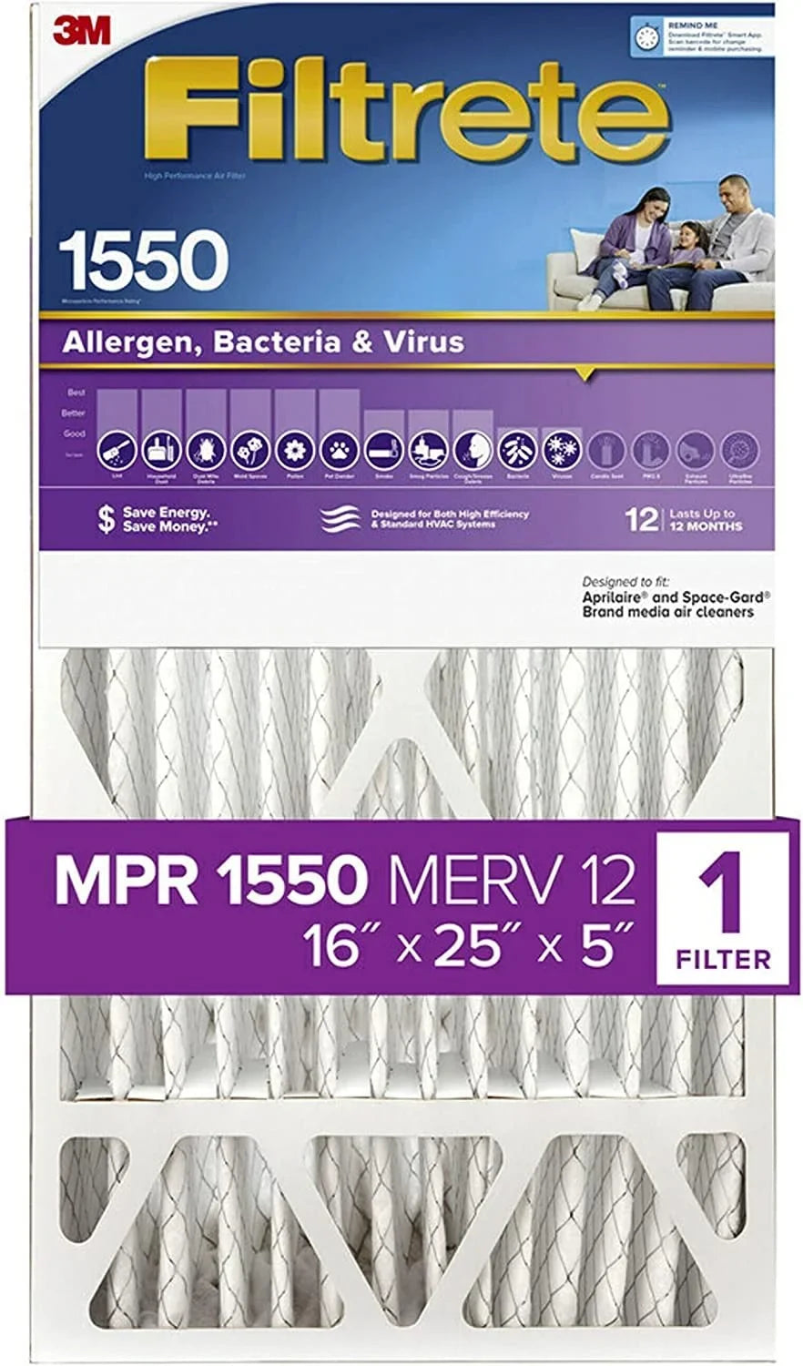 x x Pleat, 16x25x5, Filtrete Ultra Healthy MPR 1550 Filter, Furnace Allergen 1-Pack dimensions 15.75 24.13 Air Living AC actual DP, Deep 4.88