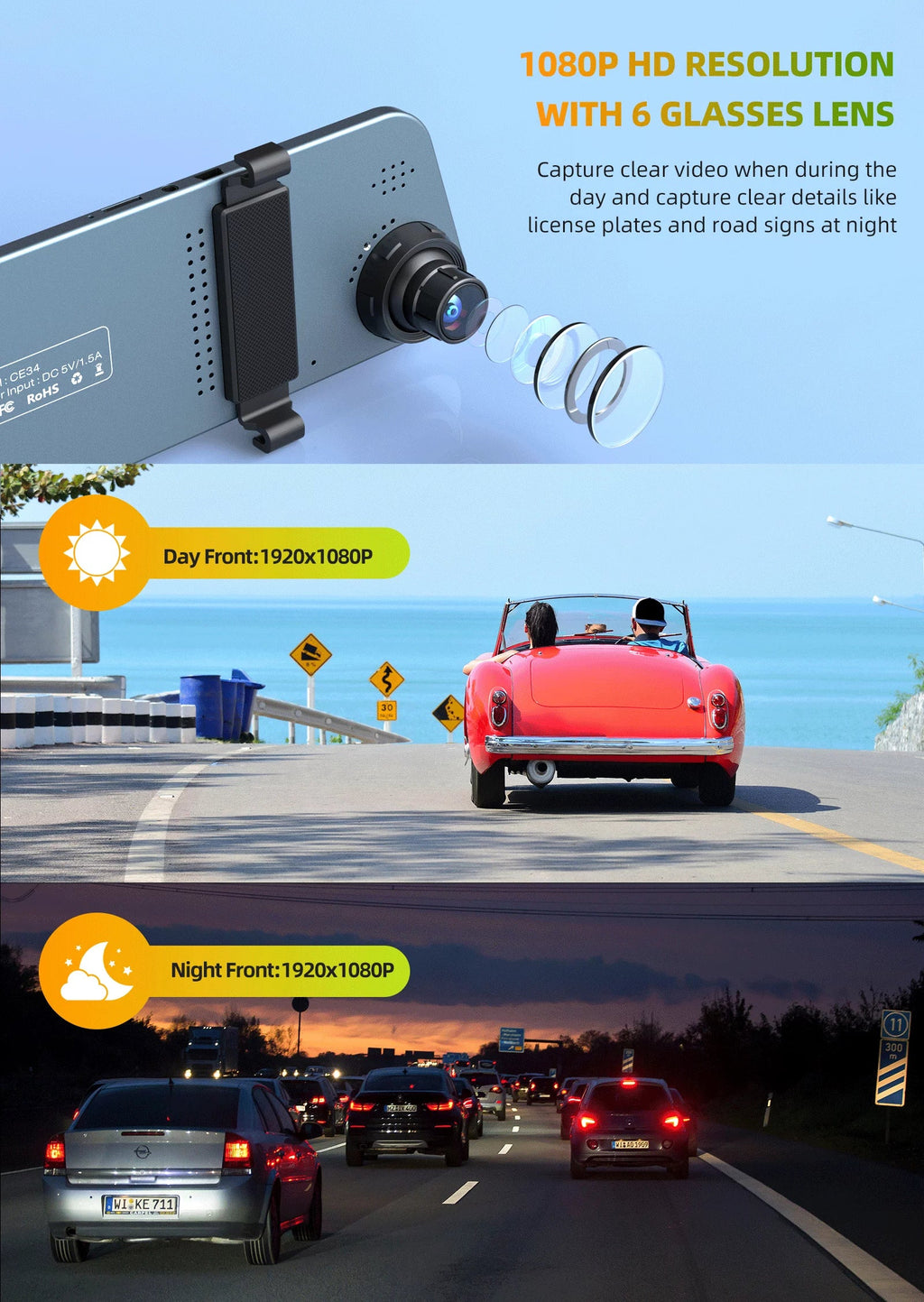 HD Dash Touch Parking 5'' Mirror G-Sensor, Monitor, Rear and Dual Parking Screen Recording, Mirror with Front TOGUARD 1080P Cam Dash Camera Loop Full Camera, Assistant for Cars, IPS Rear View